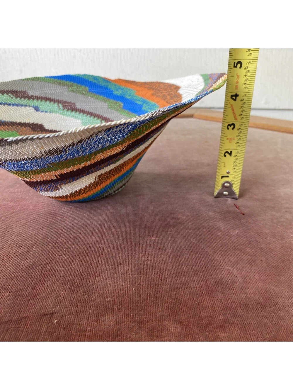 Handmade African Zulu Telephone Wire Bowl Basket 12” Green Blue Coral Blue White
